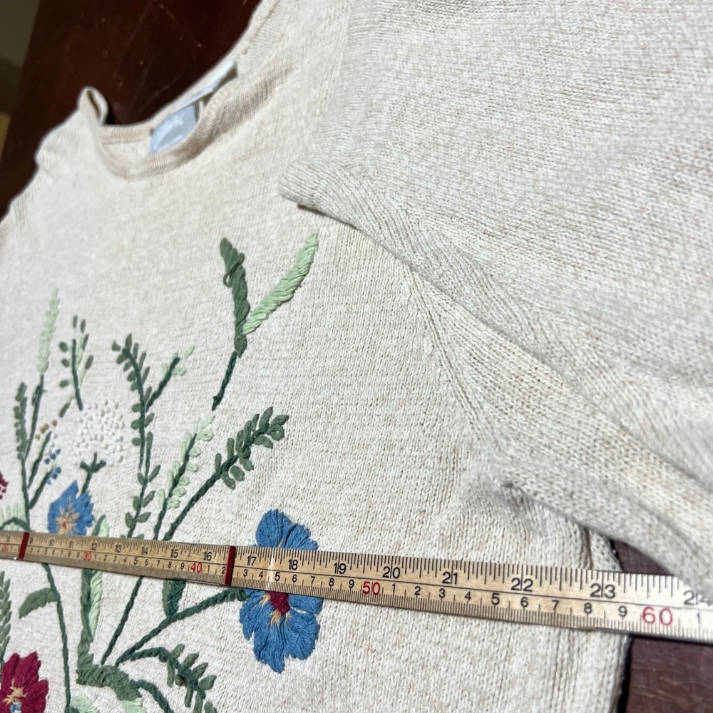Blair Women Oatmeal Floral Embroidered Ramie Cotton Knit Sweater L Large Vintage - Picture 5 of 11